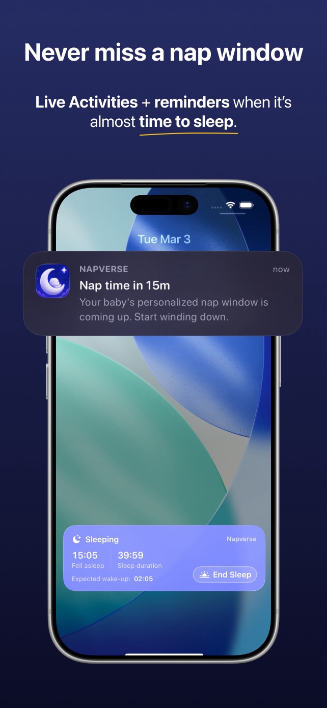 Napverse Live Activity and nap reminder on iPhone
