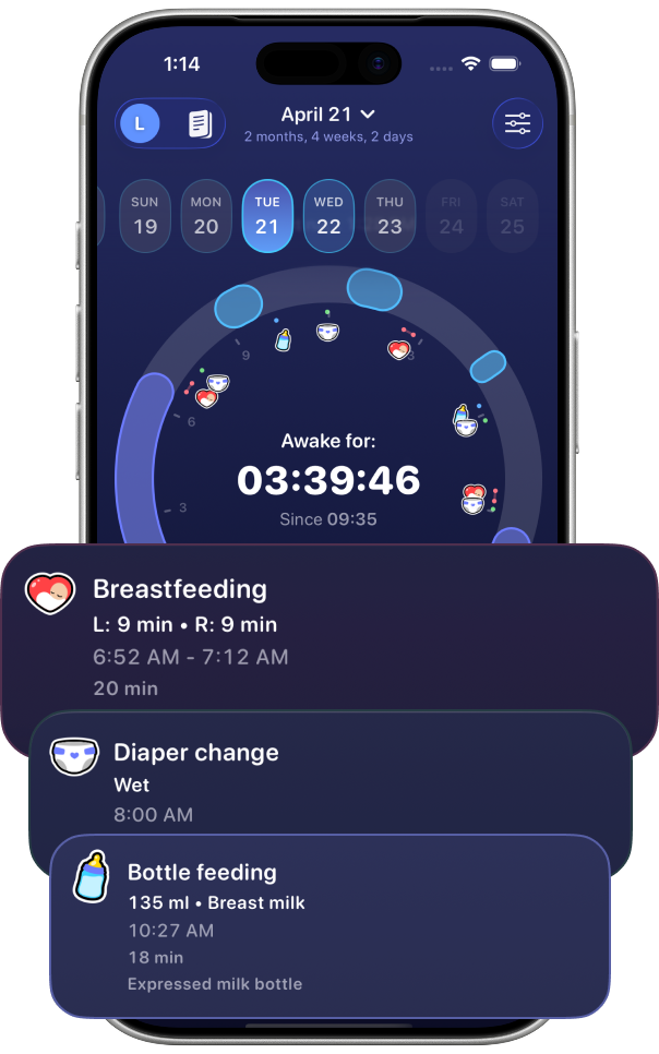 Napverse daily log showing breastfeeding, diaper change, and bottle feeding