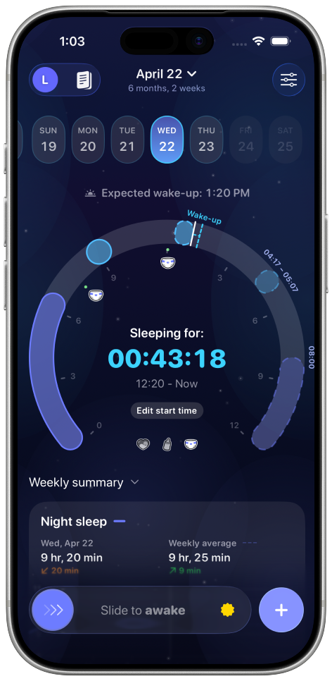 Napverse main view showing a live baby sleep timer and daily timeline